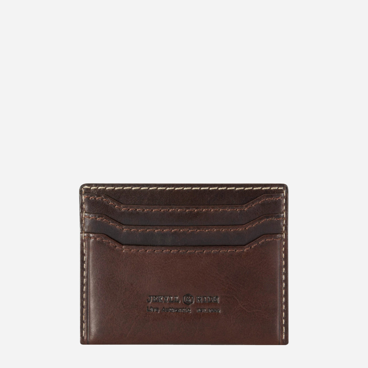 Front of the Mocha leather Card Holder with four stacked card slots and debossed logo
