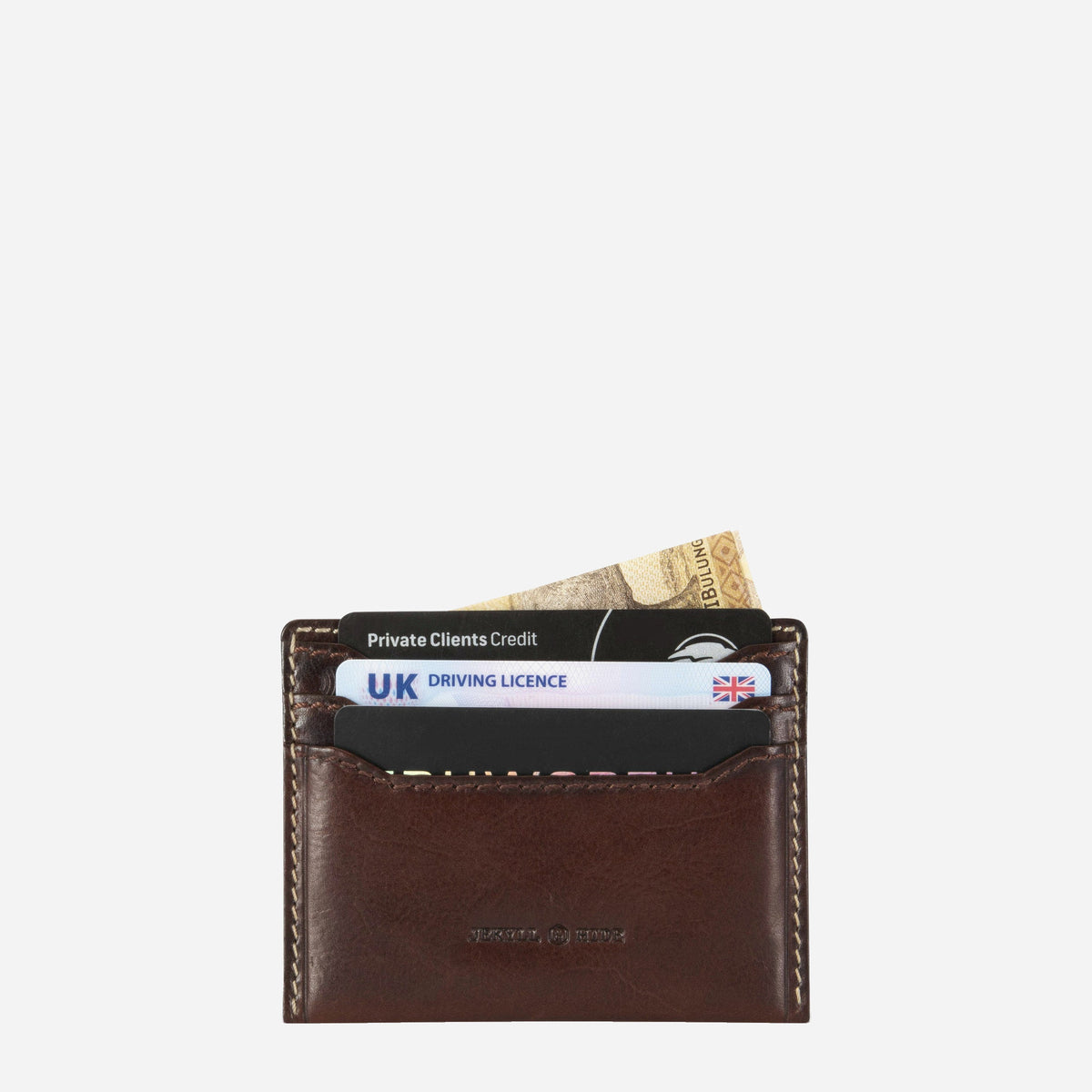 Jekyll & Hide Card Holder in Mocha leather, holding cards and notes in its stacked slots