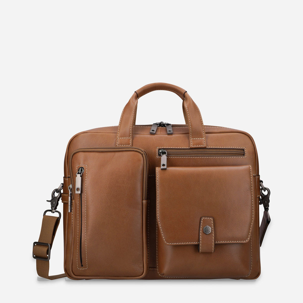 Jekyll & Hide Laptop Briefcase in Colt tan leather, front view with twin front pockets and detachable shoulder strap