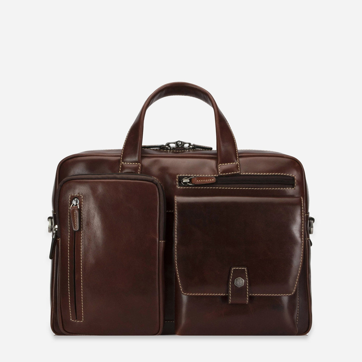 Jekyll & Hide Laptop Briefcase in Mocha brown leather, front view with twin zip pockets and tab-fastened flap pocket