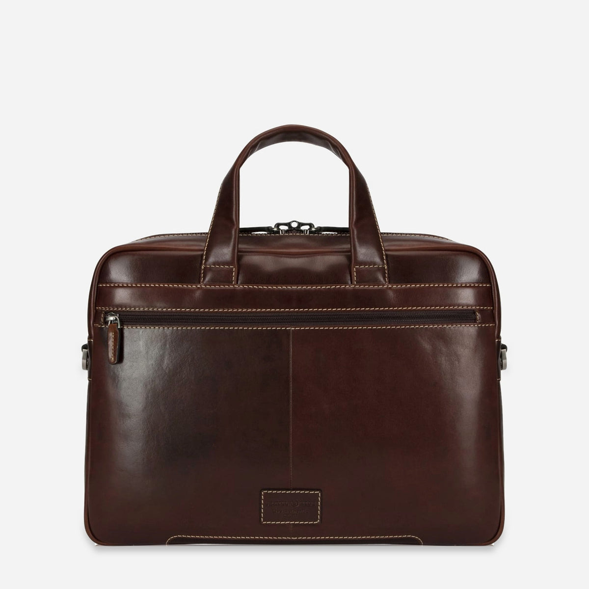 Back of the Mocha leather Laptop Briefcase with a zip pocket and embossed brand plaque