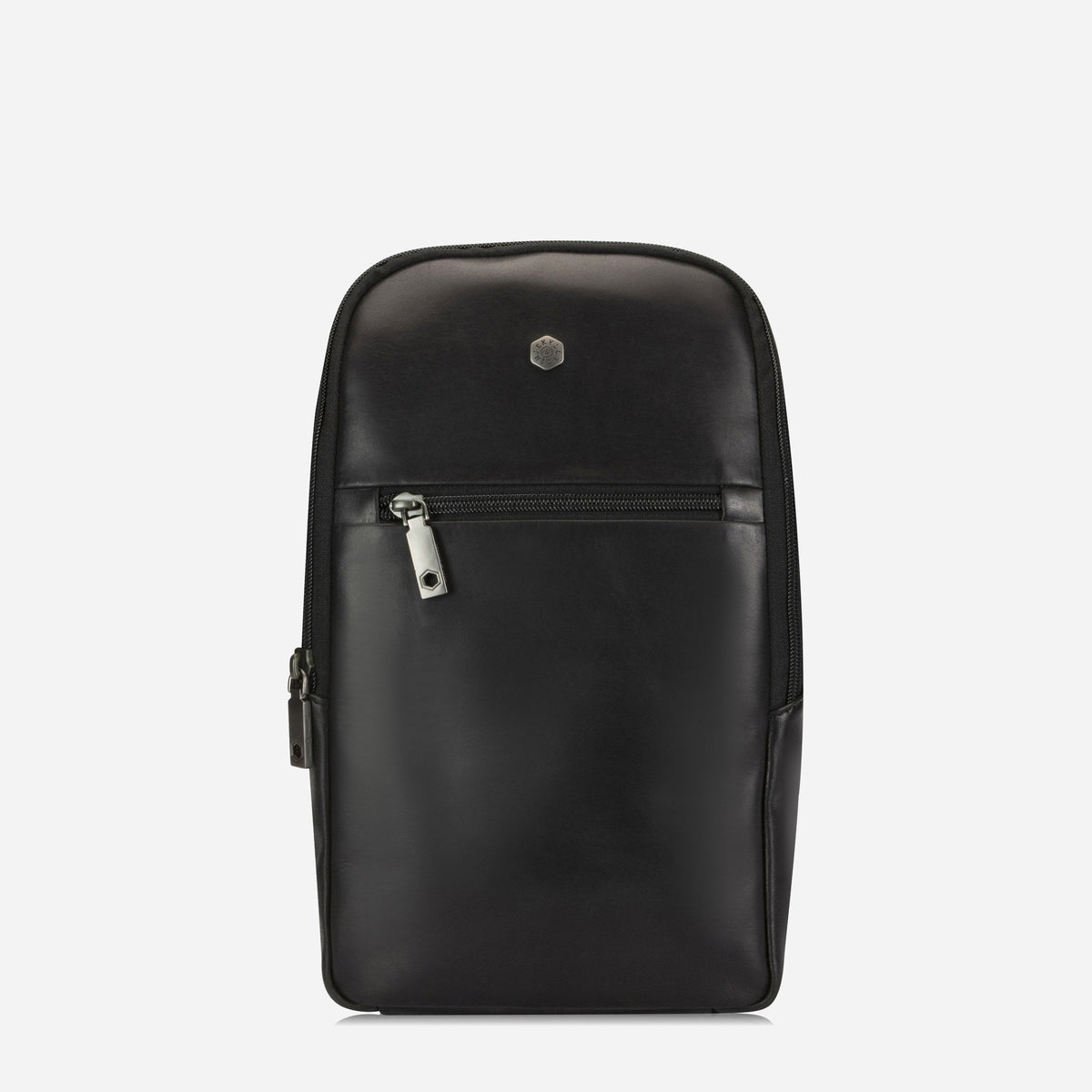 Jekyll & Hide Single Strap Backpack in black leather, front view with zip pocket