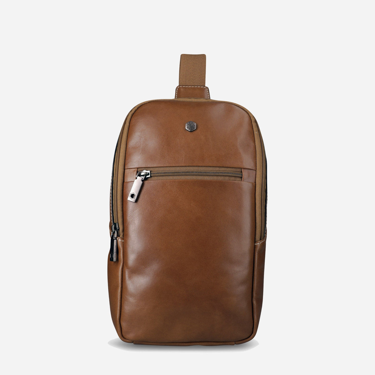 Jekyll & Hide Single Strap Backpack in Colt tan leather, front view with zip pocket and logo stud