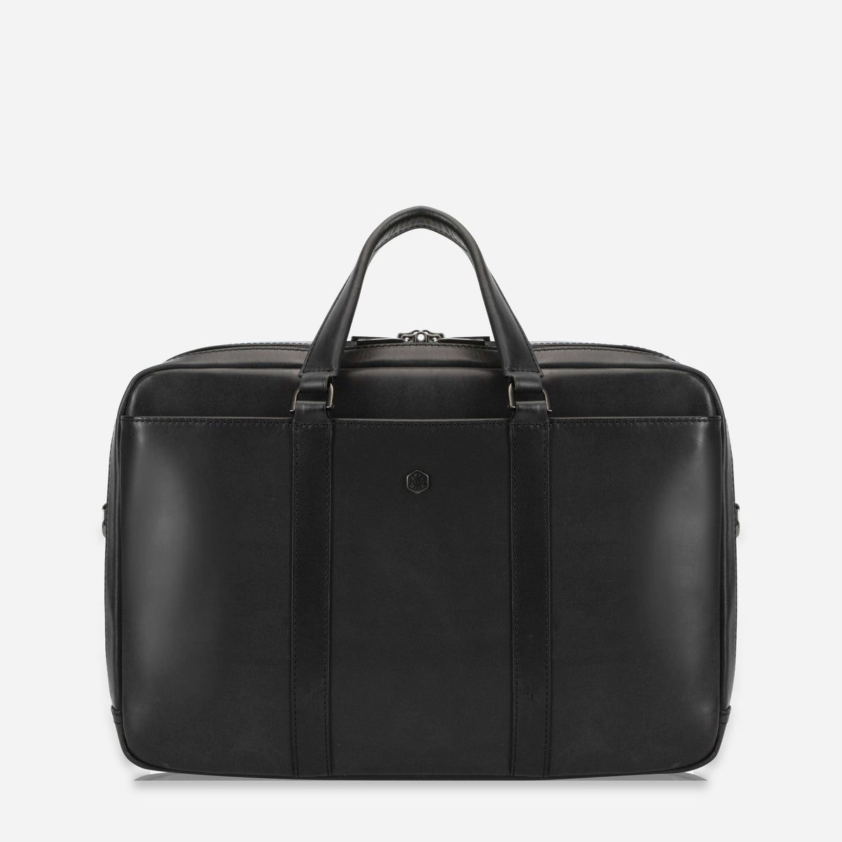 Jekyll & Hide Laptop Briefcase in black leather, a slim twin-handle design, front view