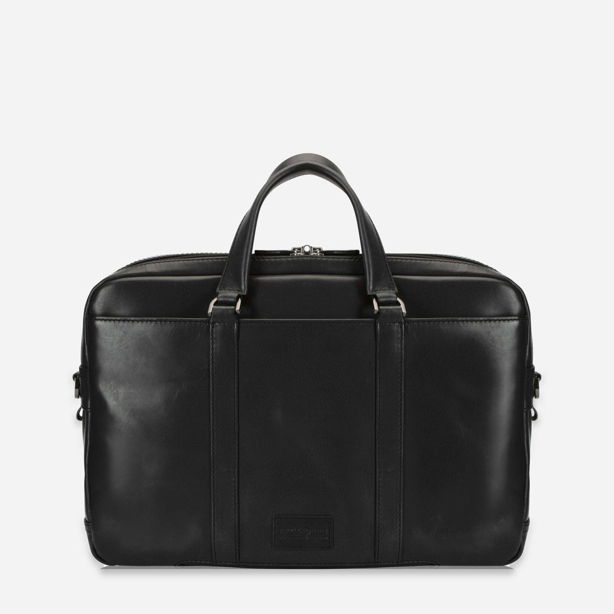 Back of the black leather Laptop Briefcase with debossed brand plaque