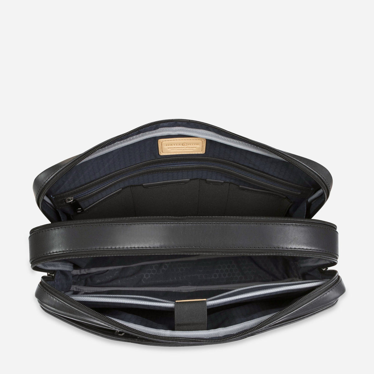 Black Laptop Briefcase open from above, showing twin navy lined compartments