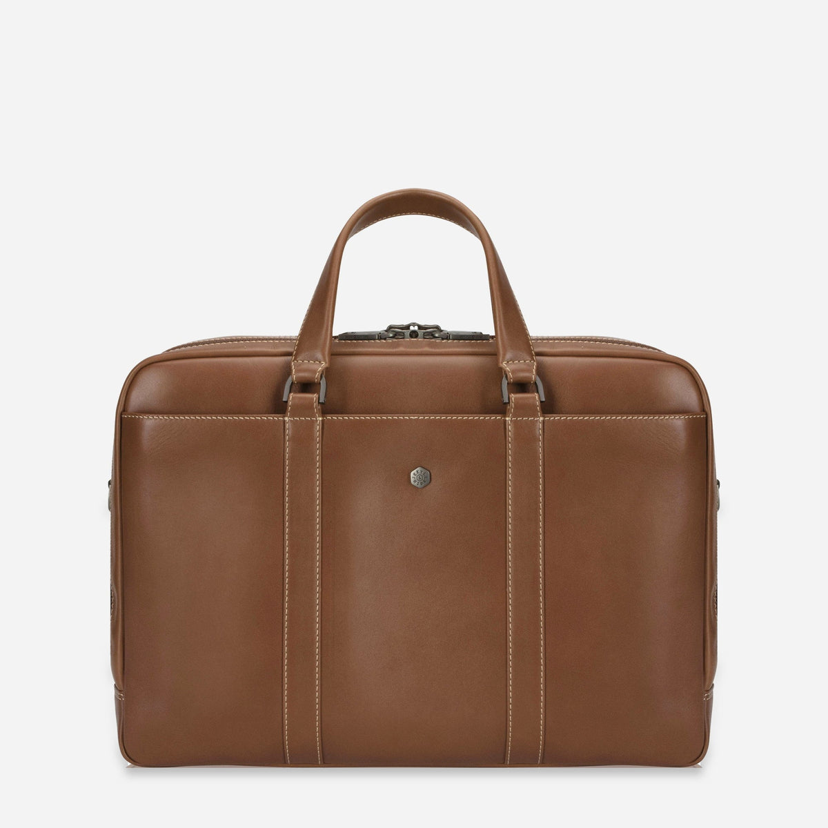 Jekyll & Hide Laptop Briefcase in Colt tan leather, a slim twin-handle design, front view