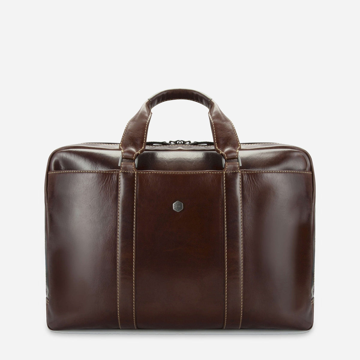 Jekyll & Hide Laptop Briefcase in Mocha brown leather, a slim twin-handle design, front view
