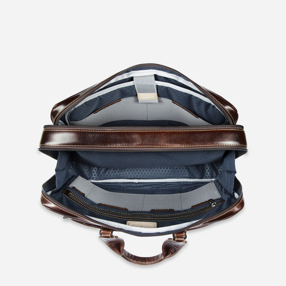 Mocha Laptop Briefcase open from above, showing twin compartments and organiser pockets