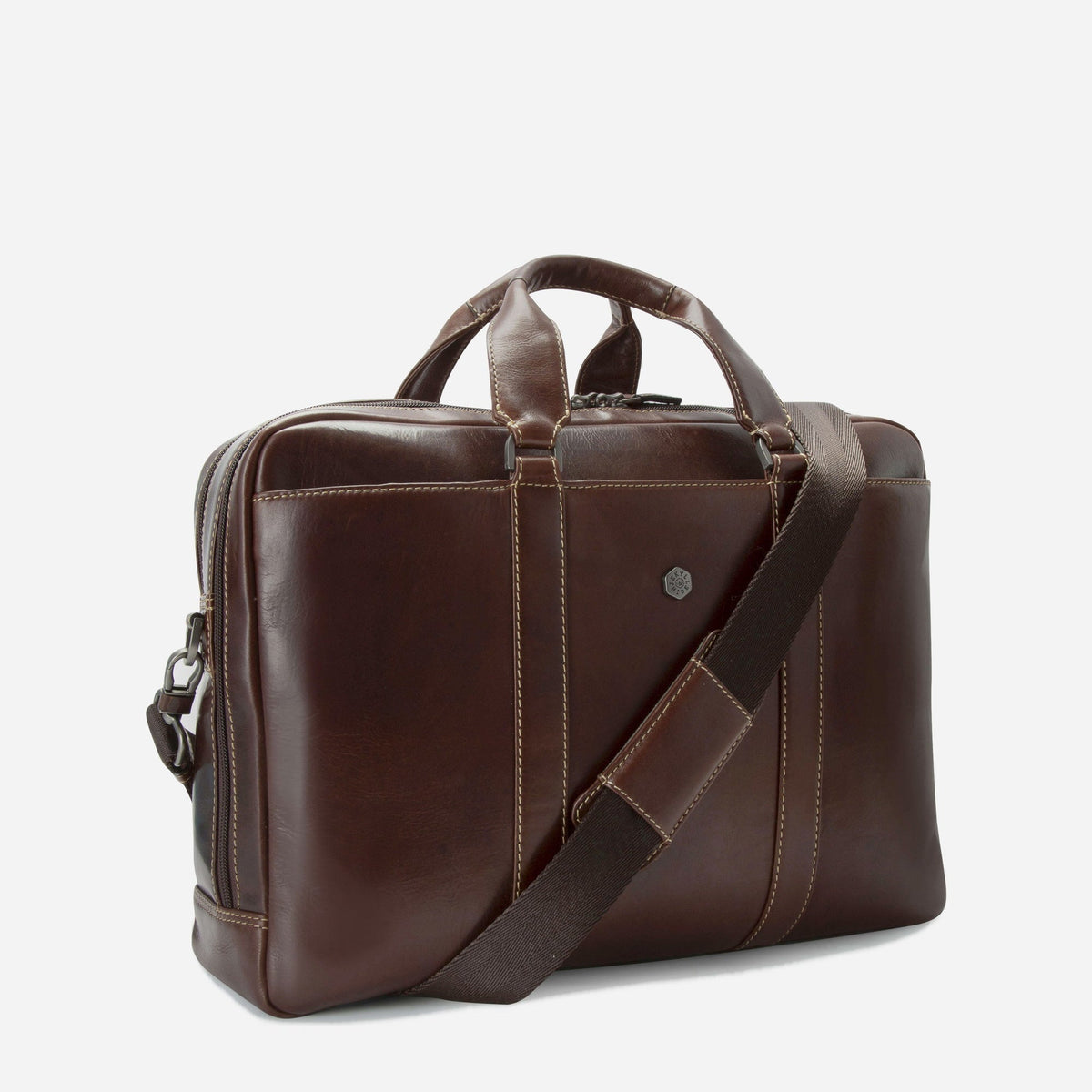 Three-quarter view of the Mocha leather Laptop Briefcase with shoulder strap attached