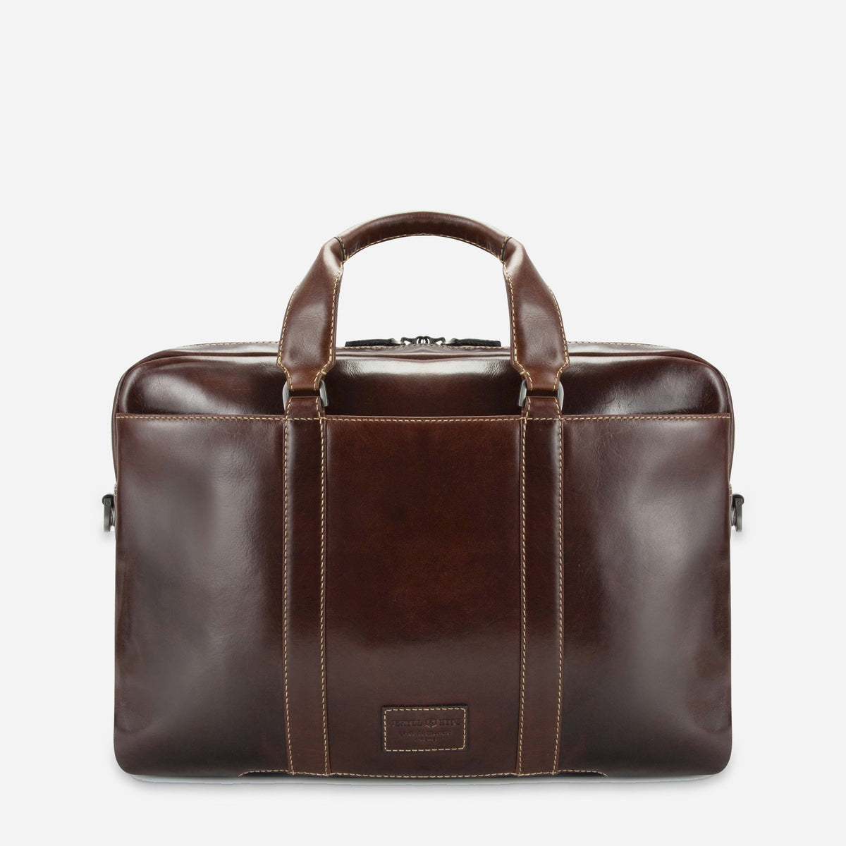 Back of the Mocha leather Laptop Briefcase with brand plaque