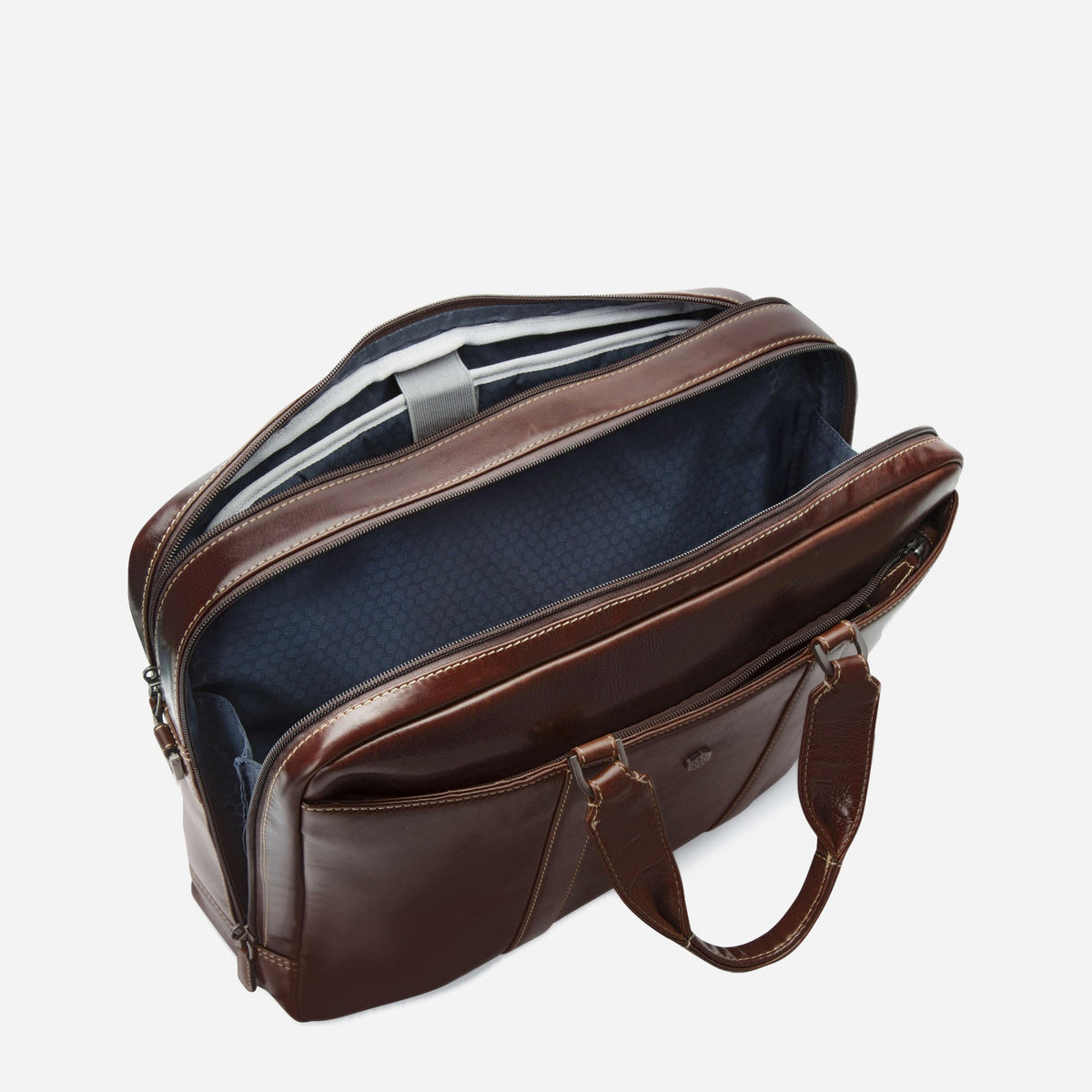 Mocha leather Laptop Briefcase unzipped, showing the navy lined laptop compartment