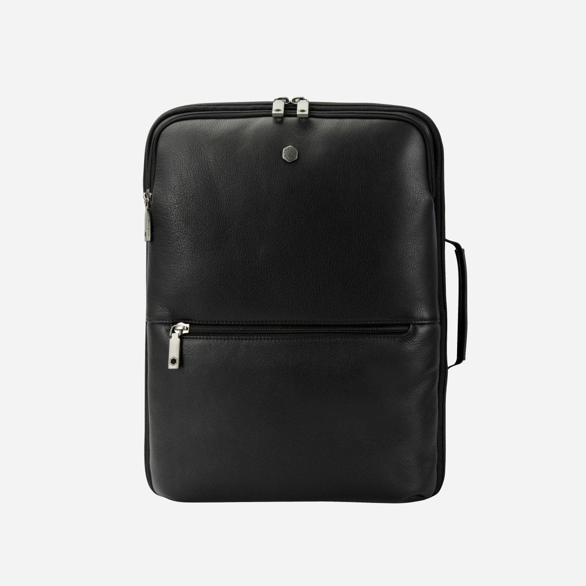 Black full-grain leather expander backpack with front zip pocket and twin top zips, front view – Jekyll & Hide