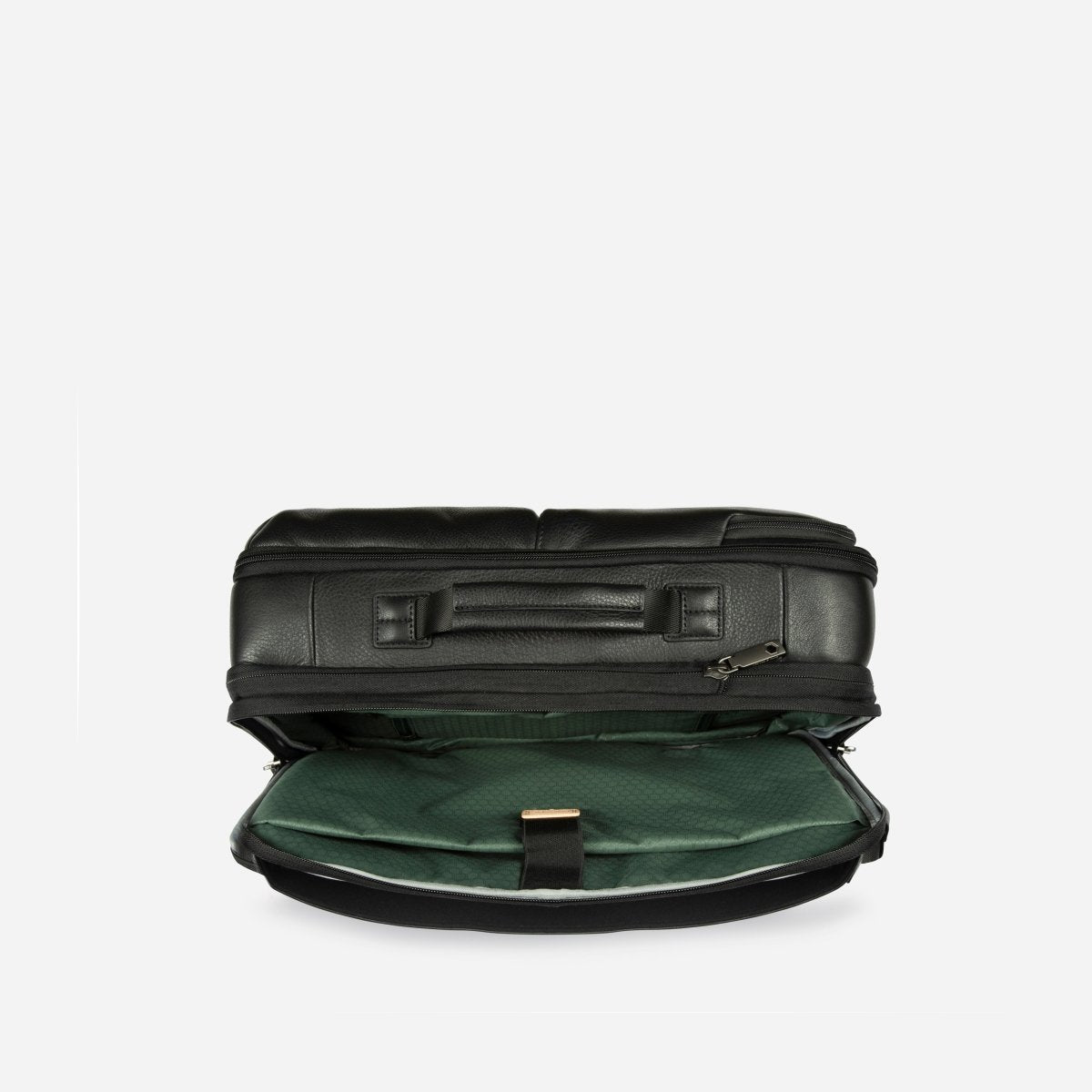 Black leather backpack with the expander gusset unzipped, showing the green lining – Jekyll & Hide
