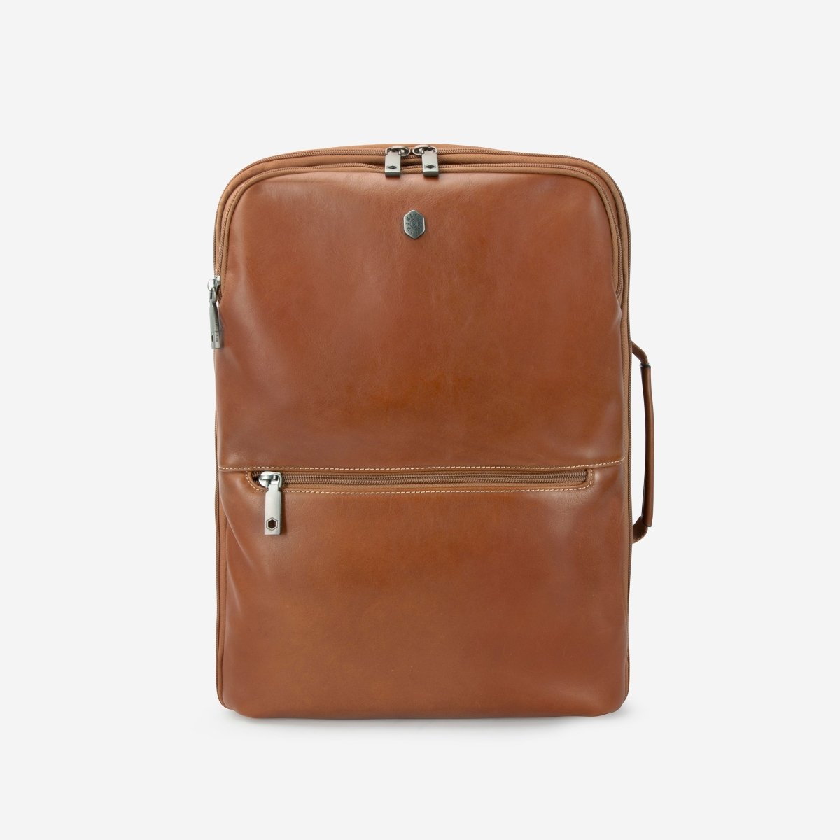 Tan full-grain leather expander backpack with front zip pocket and twin top zips, front view – Jekyll & Hide