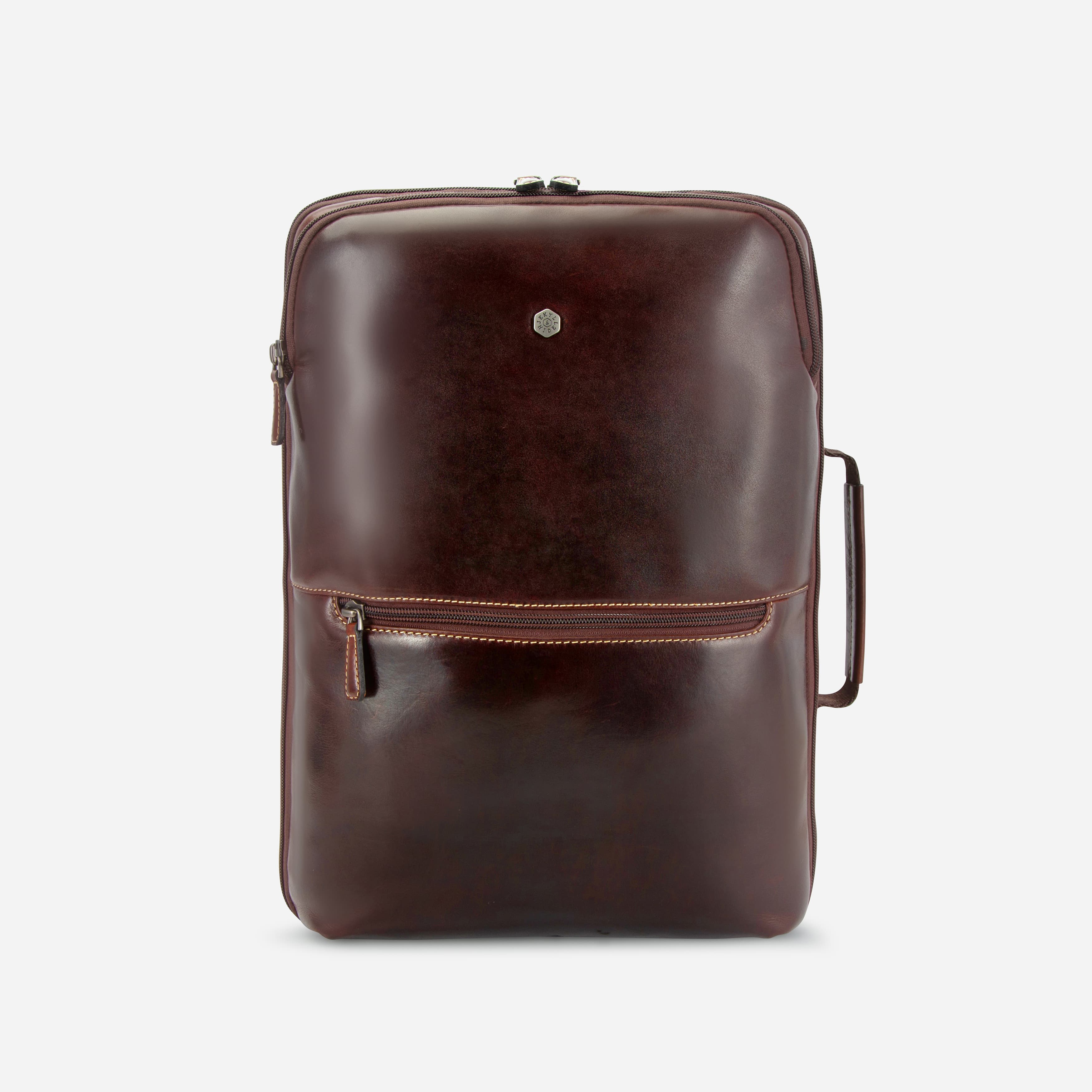 Front of mocha brown leather expander backpack with front zip pocket