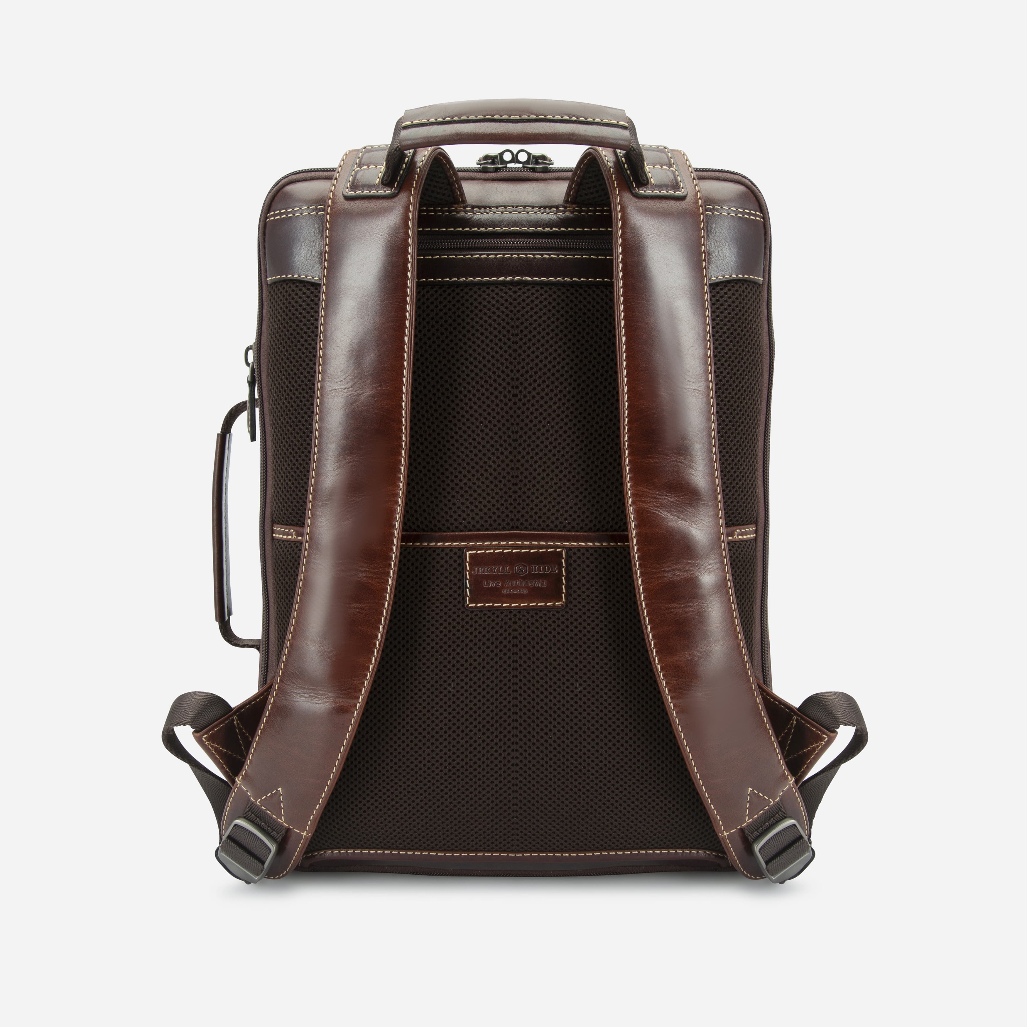 Back of mocha leather expander backpack with padded shoulder straps