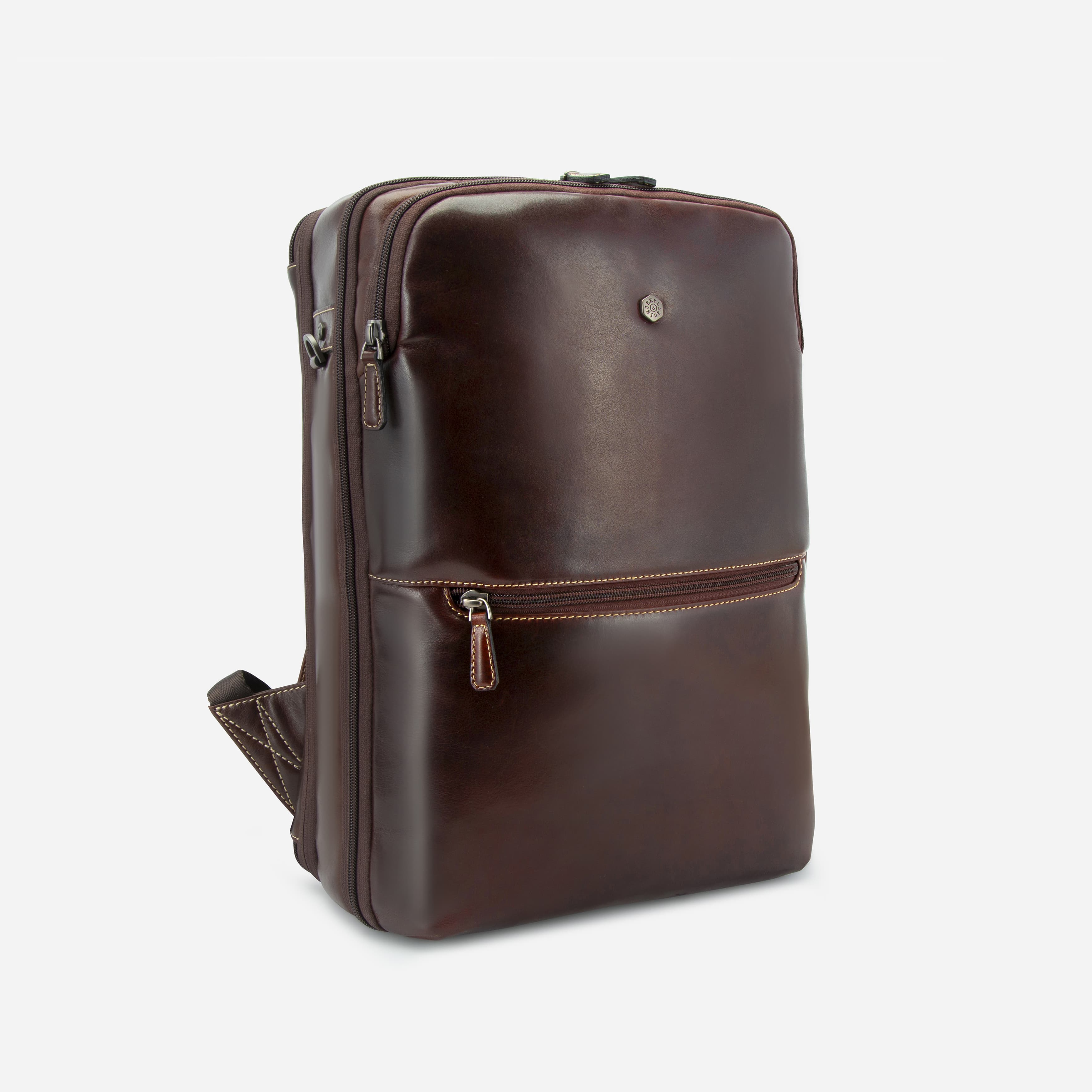 Angled front of mocha brown leather expander backpack