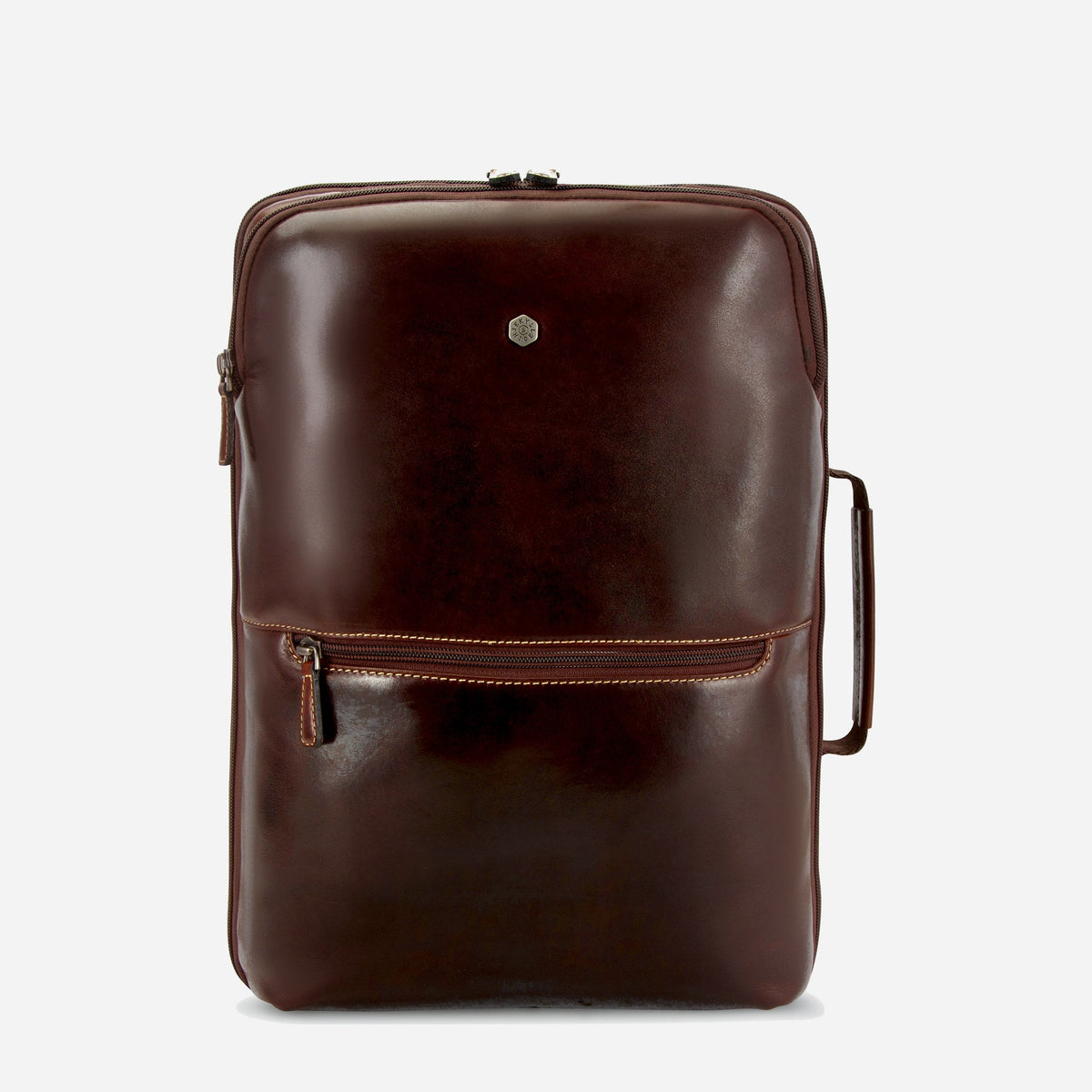 Jekyll & Hide Expander Backpack in Mocha brown leather with side carry handle, front view