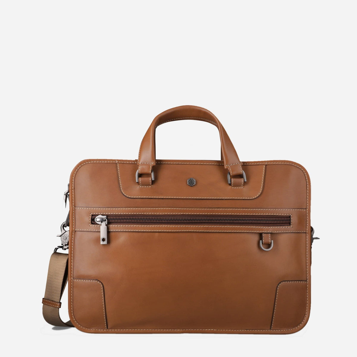Jekyll & Hide Laptop Briefcase in Colt tan leather, front view with zip pocket and top handles