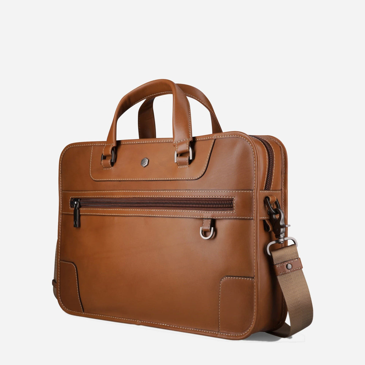Three-quarter view of the Colt tan leather Laptop Briefcase with shoulder strap