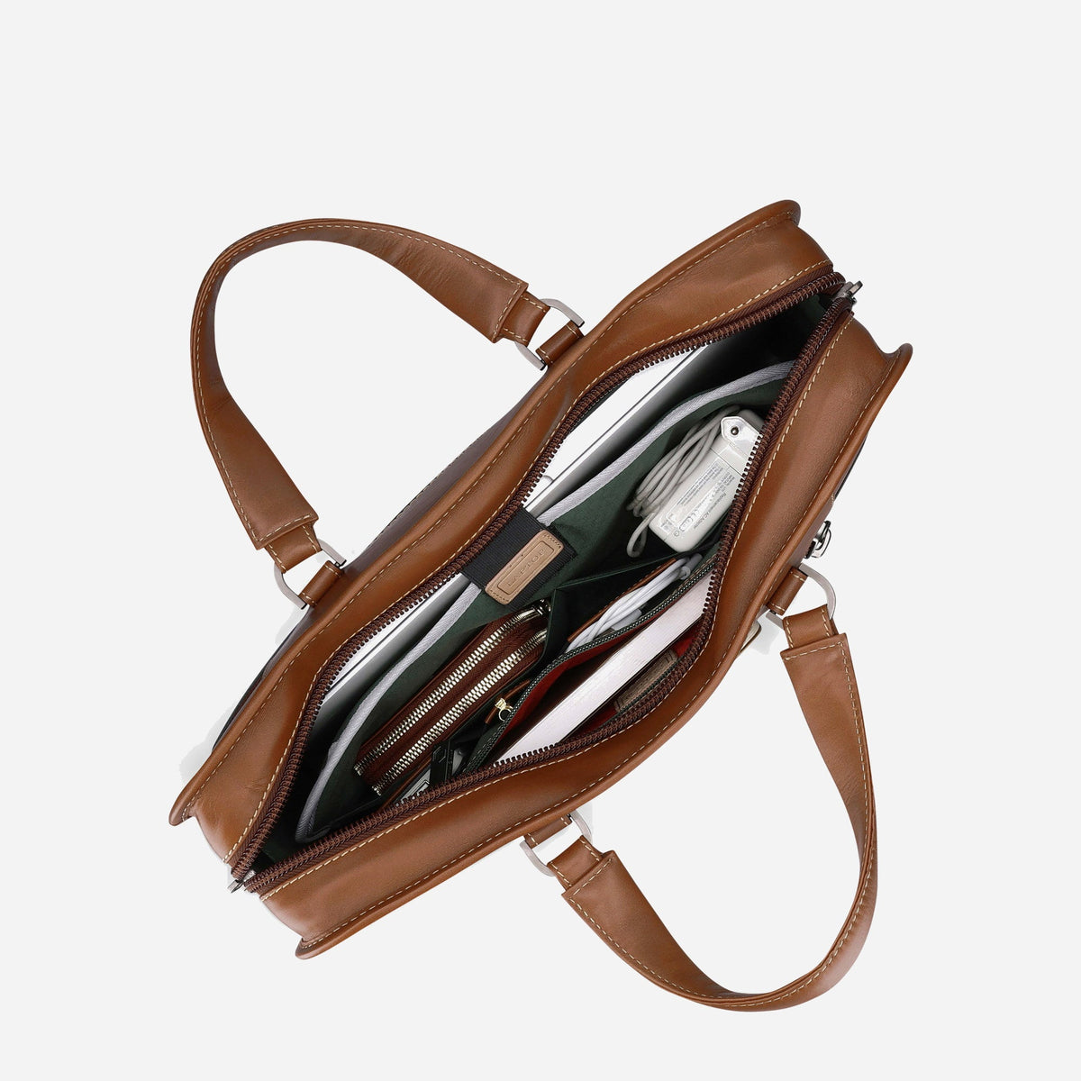 Colt tan leather Medium Briefcase open, holding a laptop and charger in the padded compartment