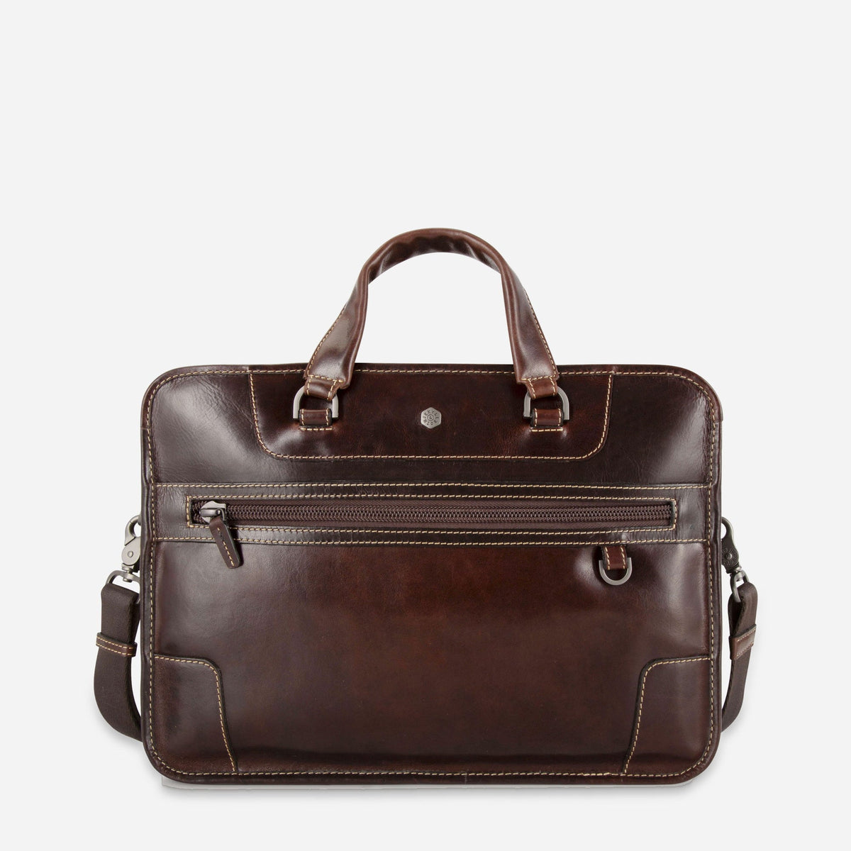 Jekyll & Hide Medium Briefcase in Mocha brown leather, front view with zip pocket and shoulder strap