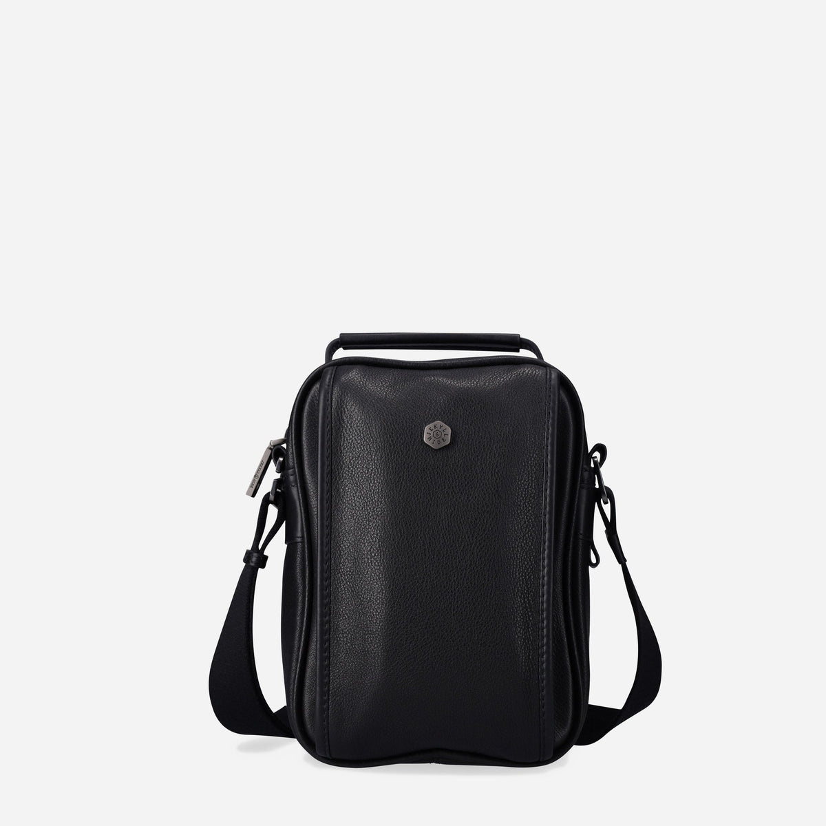 Jekyll & Hide Detailed Crossbody in black leather, front view with top handle and shoulder strap