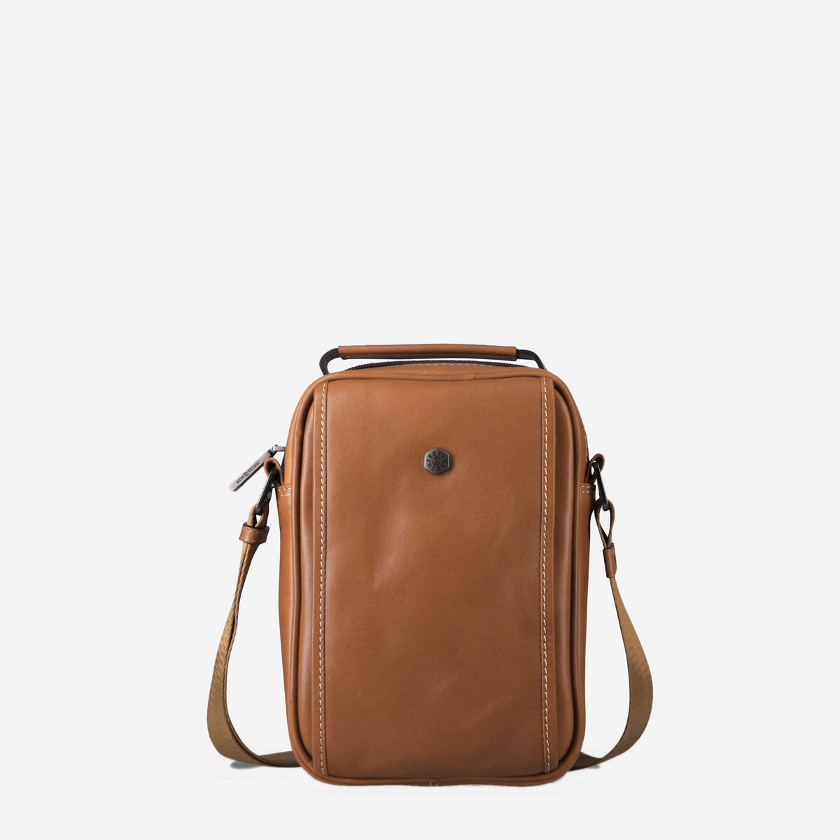 Jekyll & Hide Crossbody Bag in Colt tan leather, front view with adjustable strap