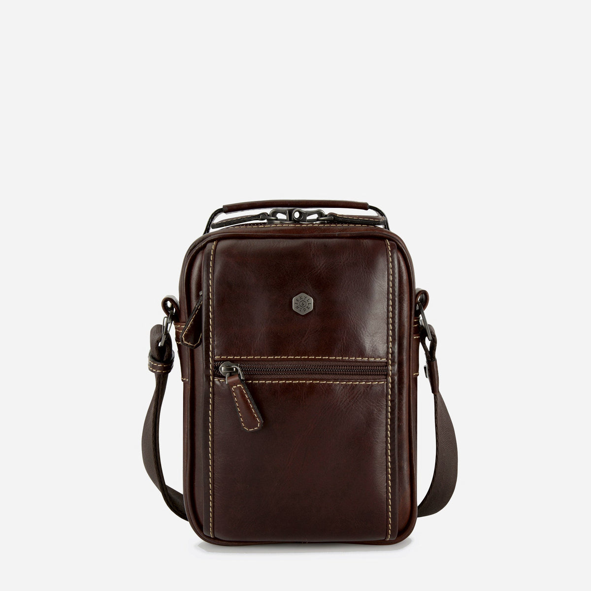 Jekyll & Hide Detailed Crossbody in Mocha brown leather, front view with zip pocket, top handle and shoulder strap