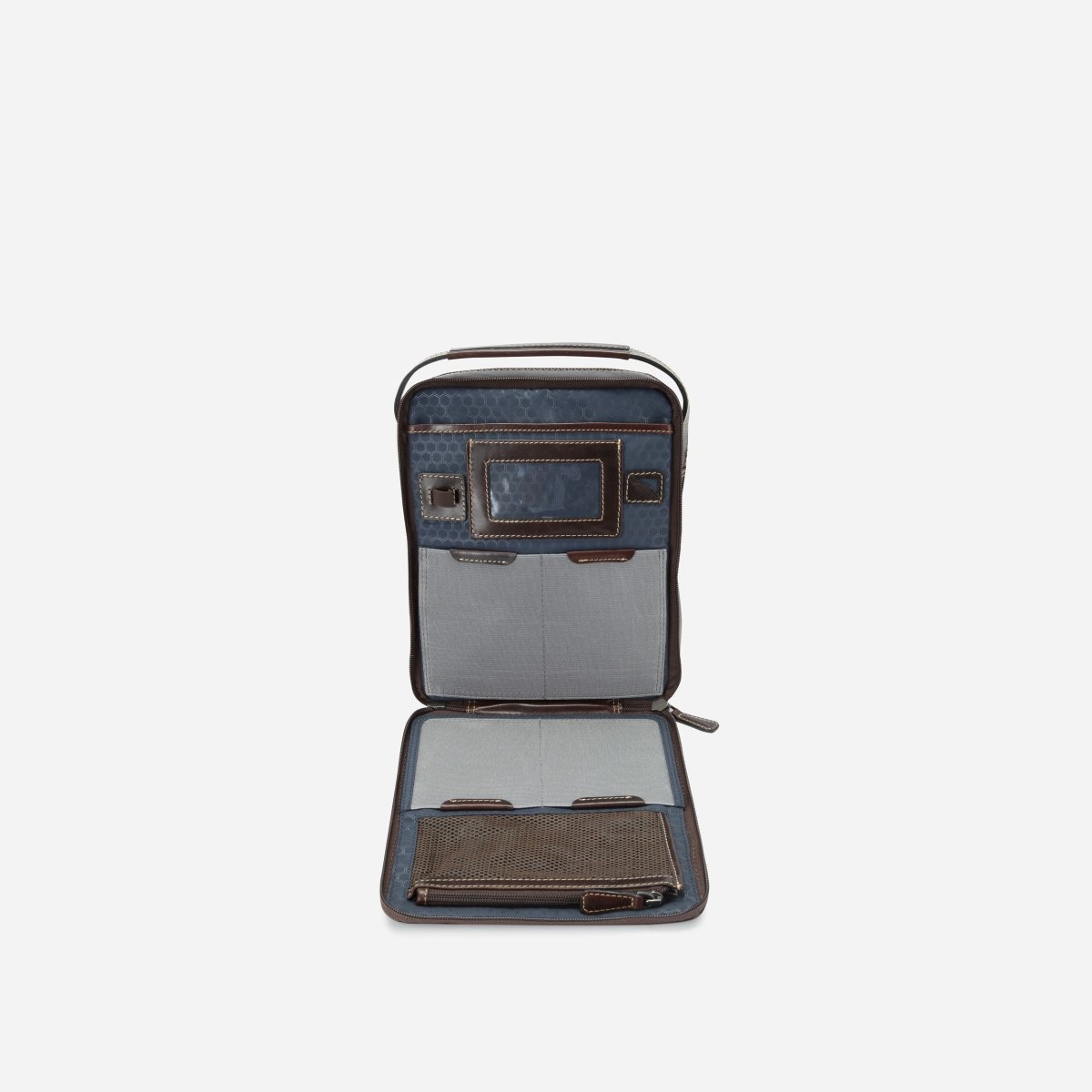 Mocha Crossbody Organiser opened flat, showing an ID window, organiser panel and grey padded sleeve