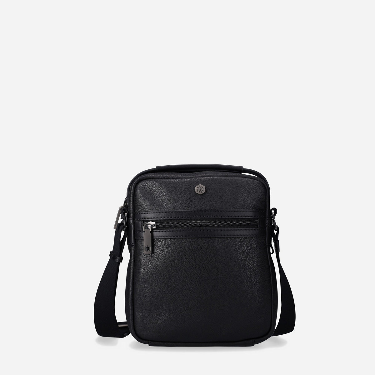 Jekyll & Hide Crossbody Organiser in black leather, front view with zip pocket and top handle