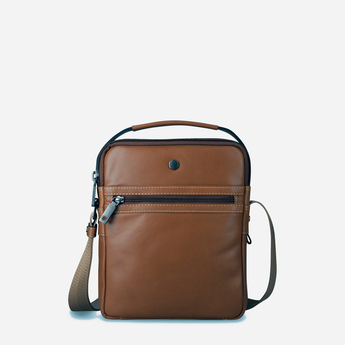 Jekyll & Hide Crossbody Organiser in Colt tan leather, front view with zip pocket and top handle
