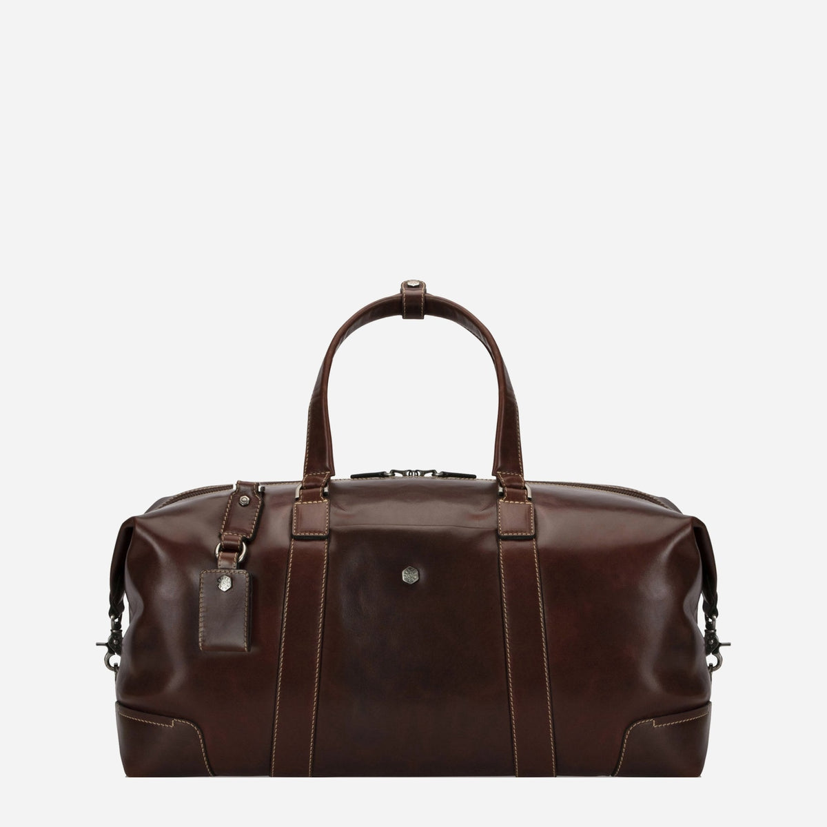 Jekyll & Hide Weekender in Mocha brown leather with luggage tag and twin handles, front view
