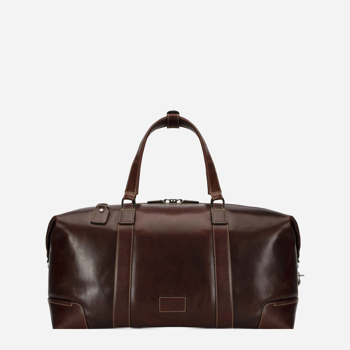 Back of the Mocha leather Weekender with brand plaque