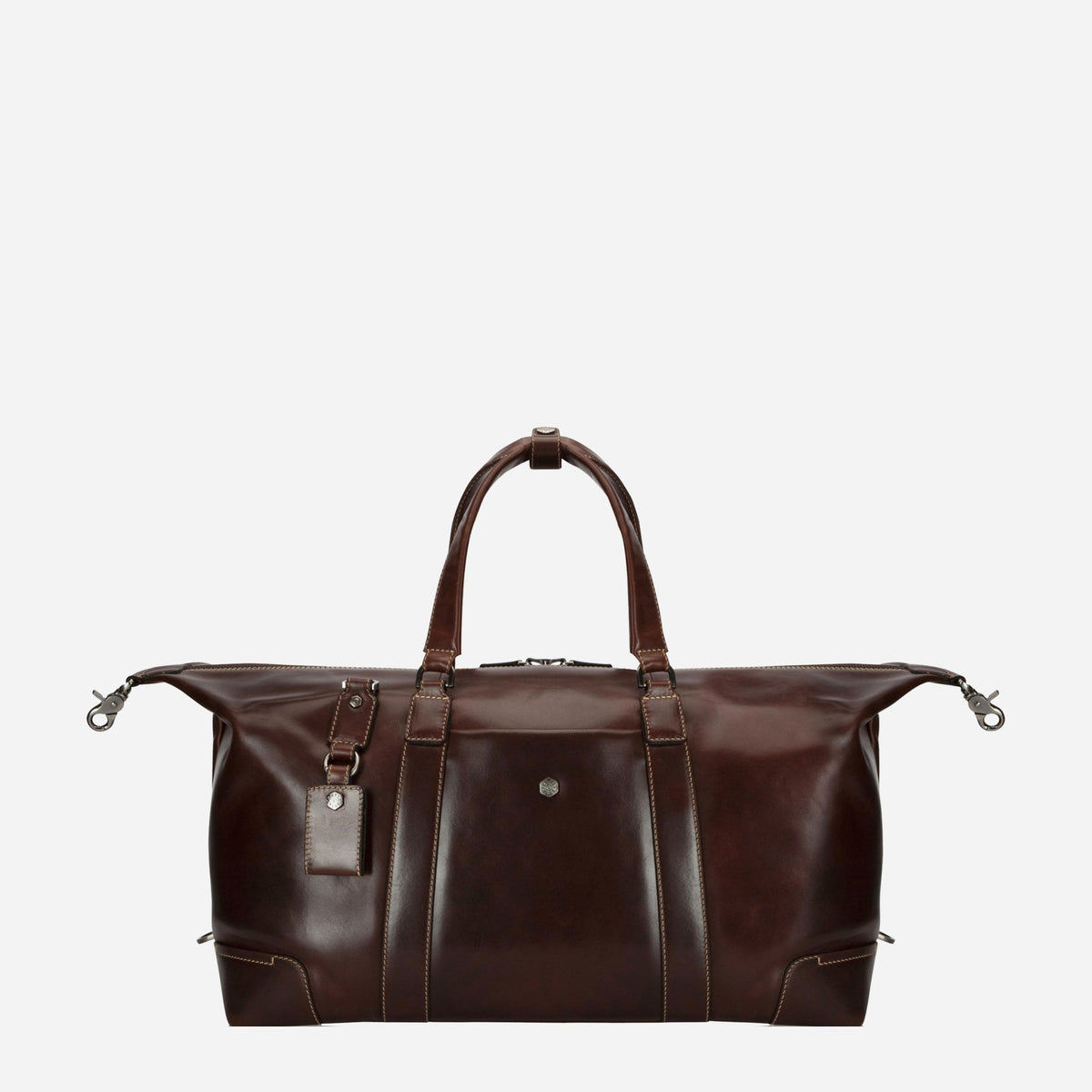 Mocha leather Weekender with shoulder strap attached and brand luggage tag, front view