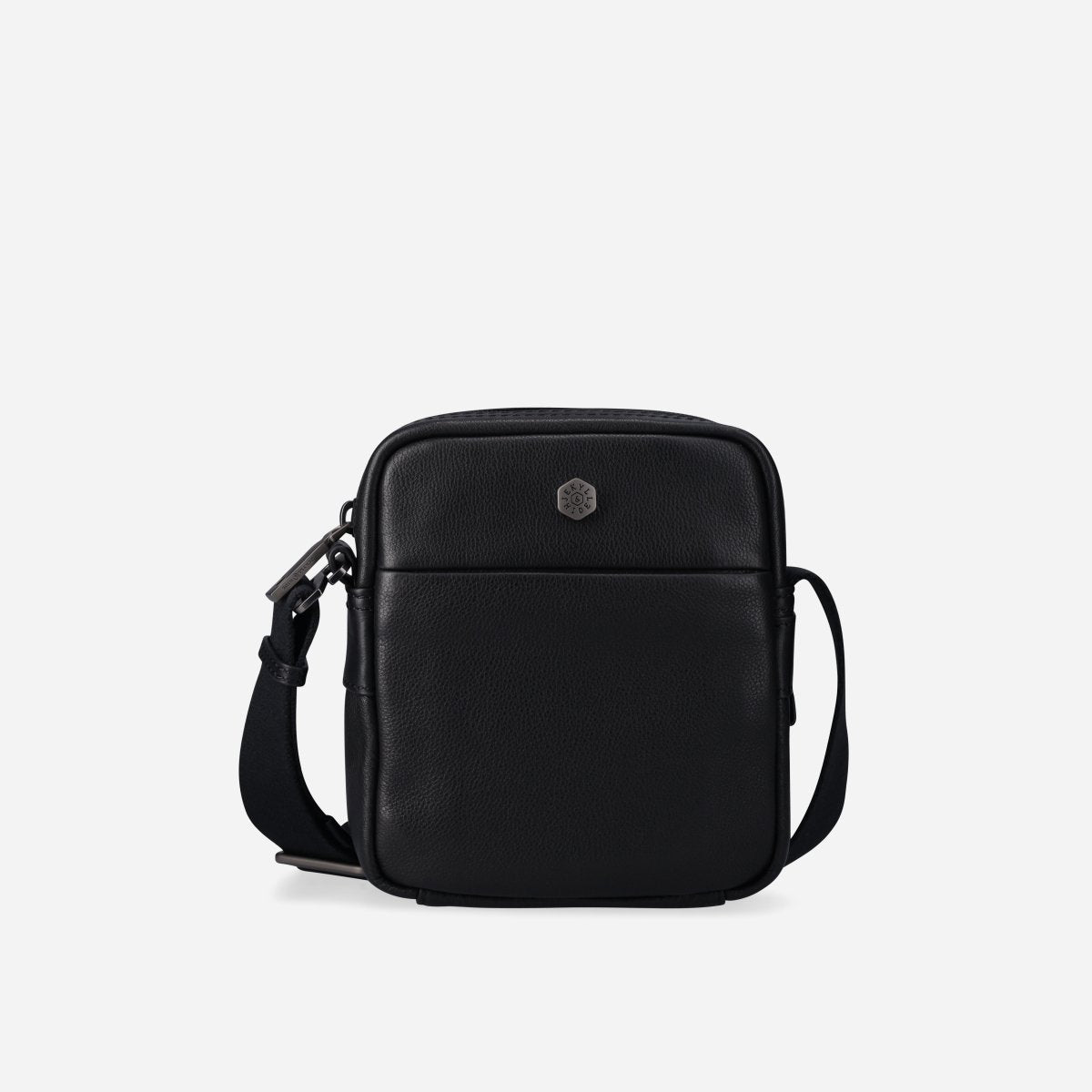 Jekyll & Hide Crossbody Organiser in black leather, front view with logo stud and webbing strap