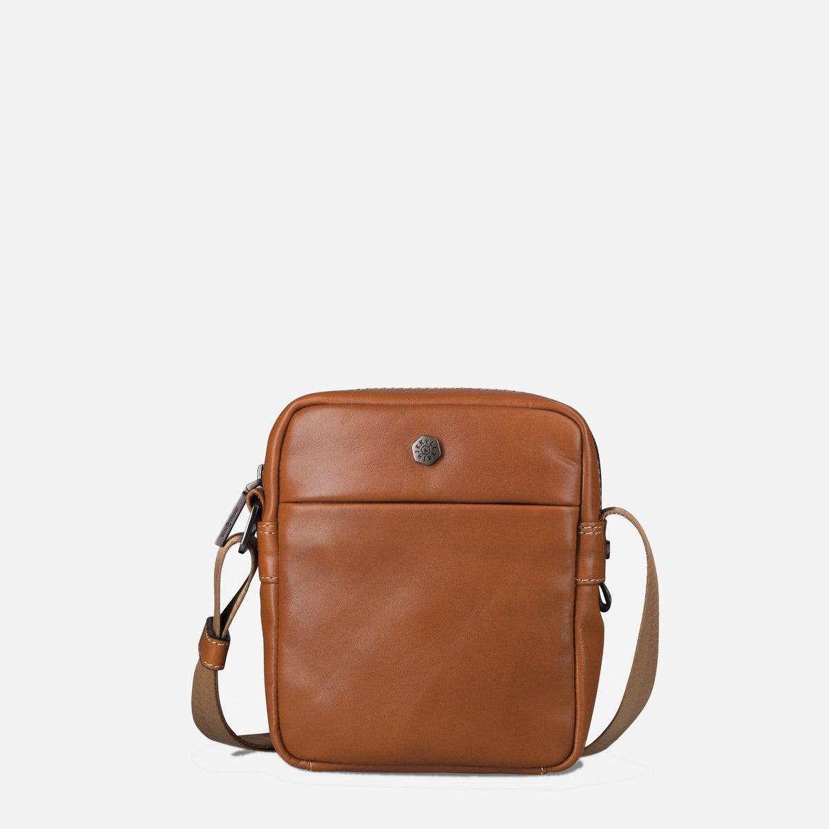 Jekyll & Hide Crossbody Organiser in tan leather, front view with adjustable strap