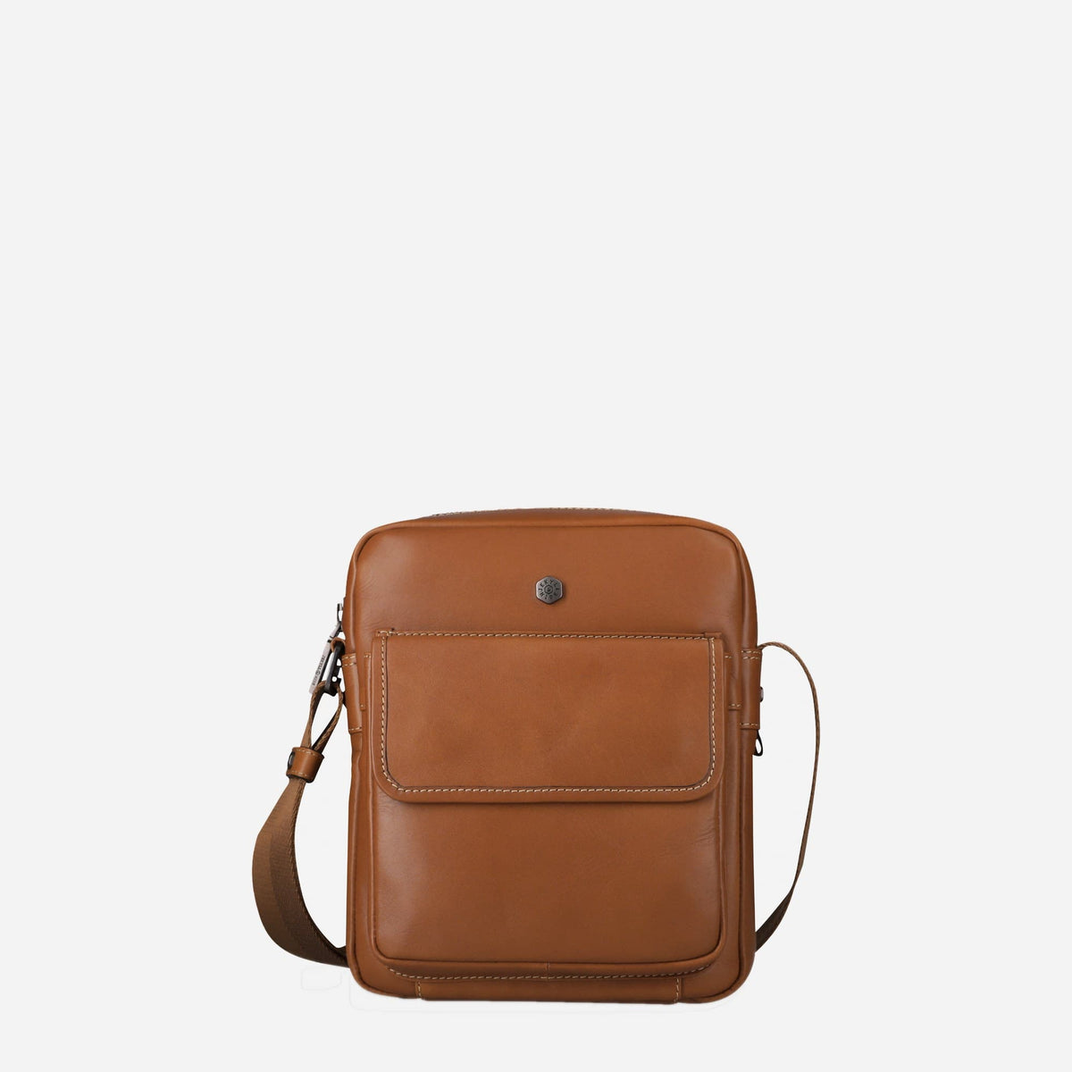Jekyll & Hide Crossbody Organiser in Colt tan leather, front view with flap pocket