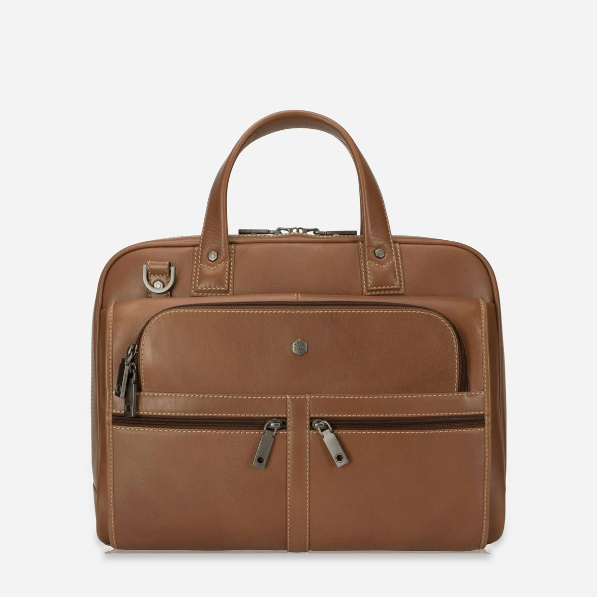 Jekyll & Hide Large Briefcase in Colt tan leather, front view with twin zip front pockets