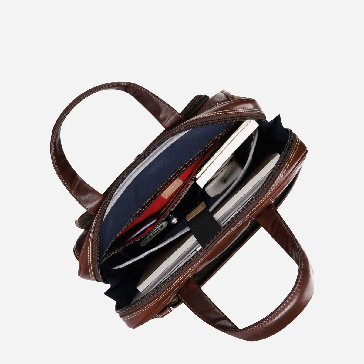 Mocha leather Large Briefcase open from above, showing a laptop, files and navy lined compartments