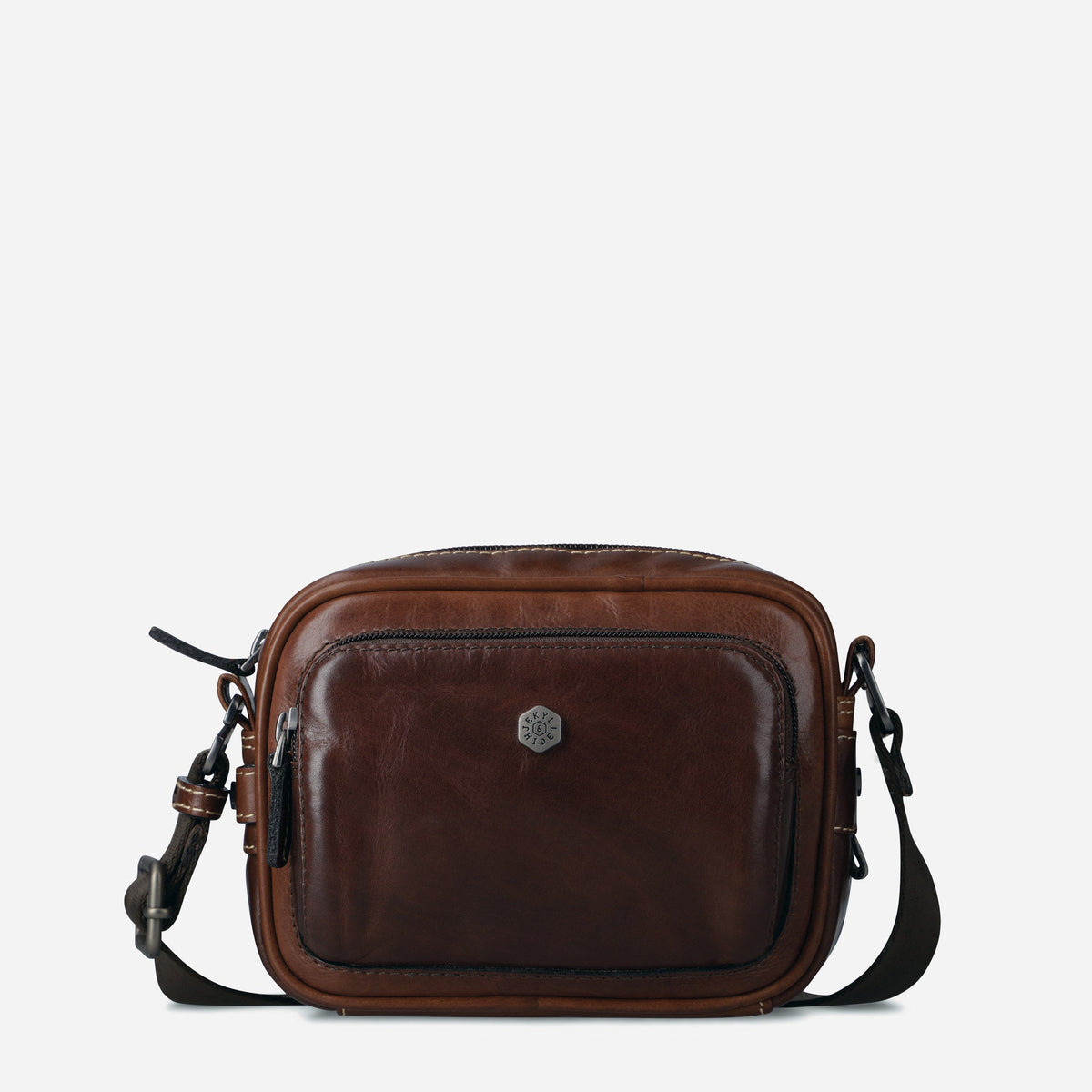 Jekyll & Hide Crossbody Bag in Mocha brown leather, a compact camera-style bag with front pocket and webbing strap