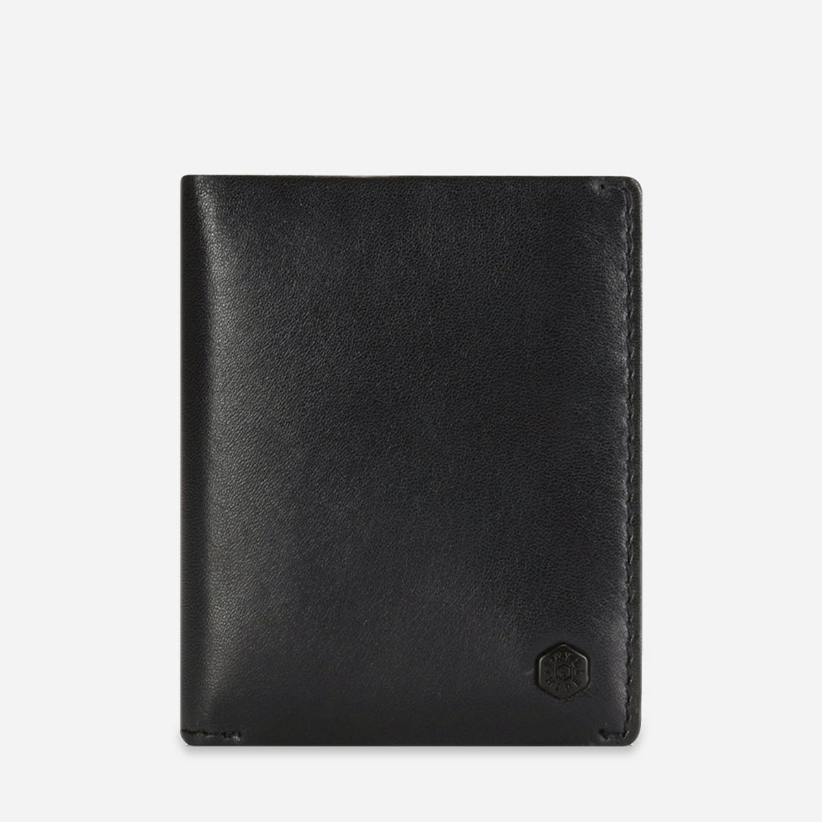 Jekyll & Hide Card Holder in black leather with tonal hexagonal logo, front view