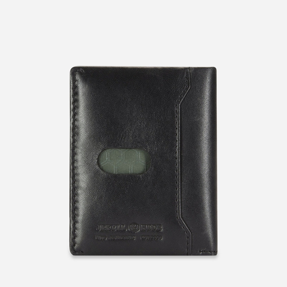 Back of the black leather Card Holder with thumb cut-out pocket and debossed wordmark