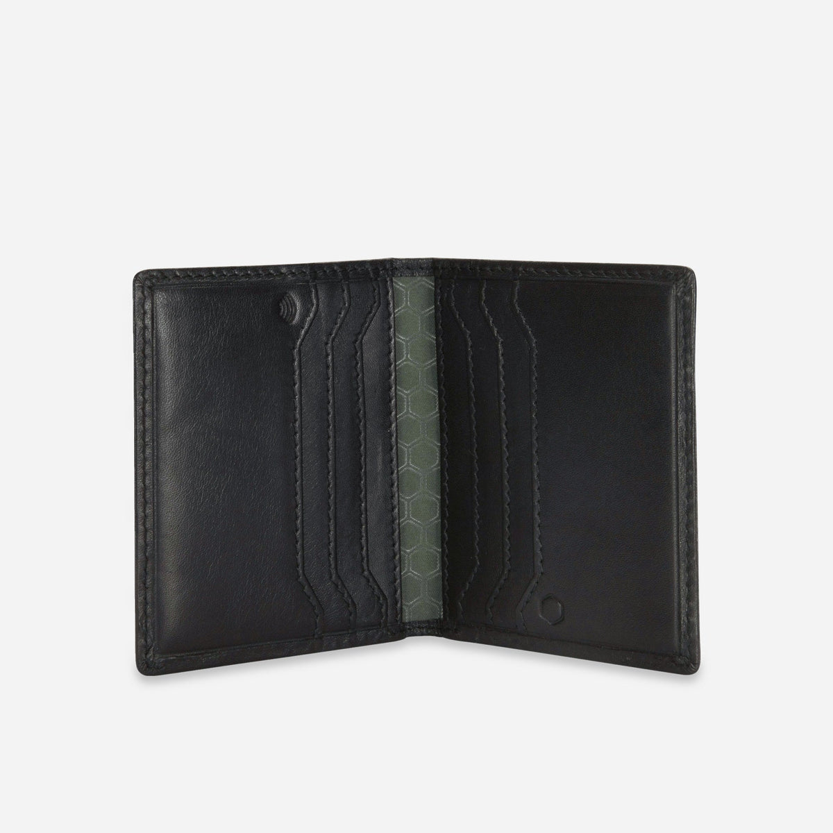 Black leather Card Holder open flat, showing card slots and green lined centre