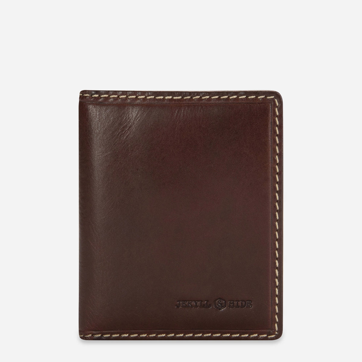 Jekyll & Hide Card Holder in Mocha brown leather, a slim bifold with contrast stitching, front view