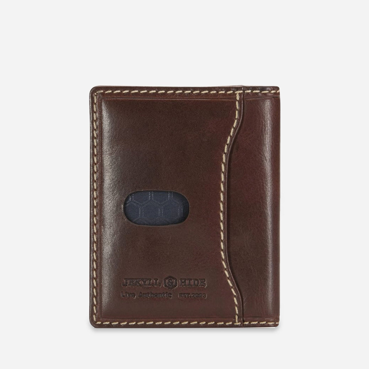 Back of the Mocha leather Card Holder with thumb cut-out pocket and debossed wordmark