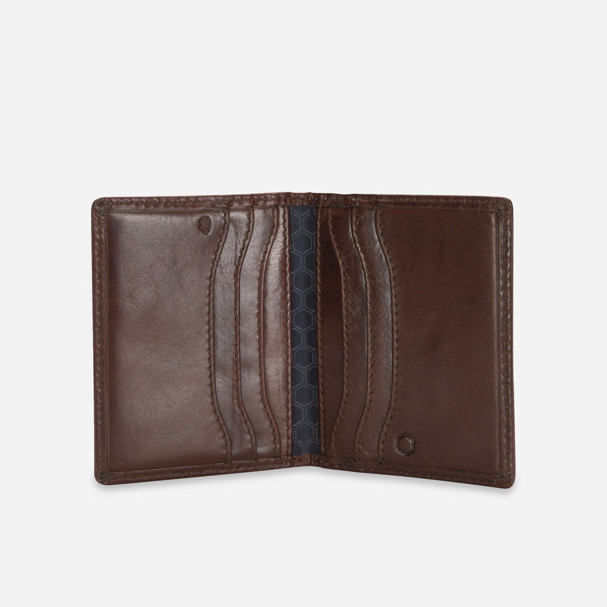 Mocha leather Card Holder open flat, showing card slots and navy lined centre