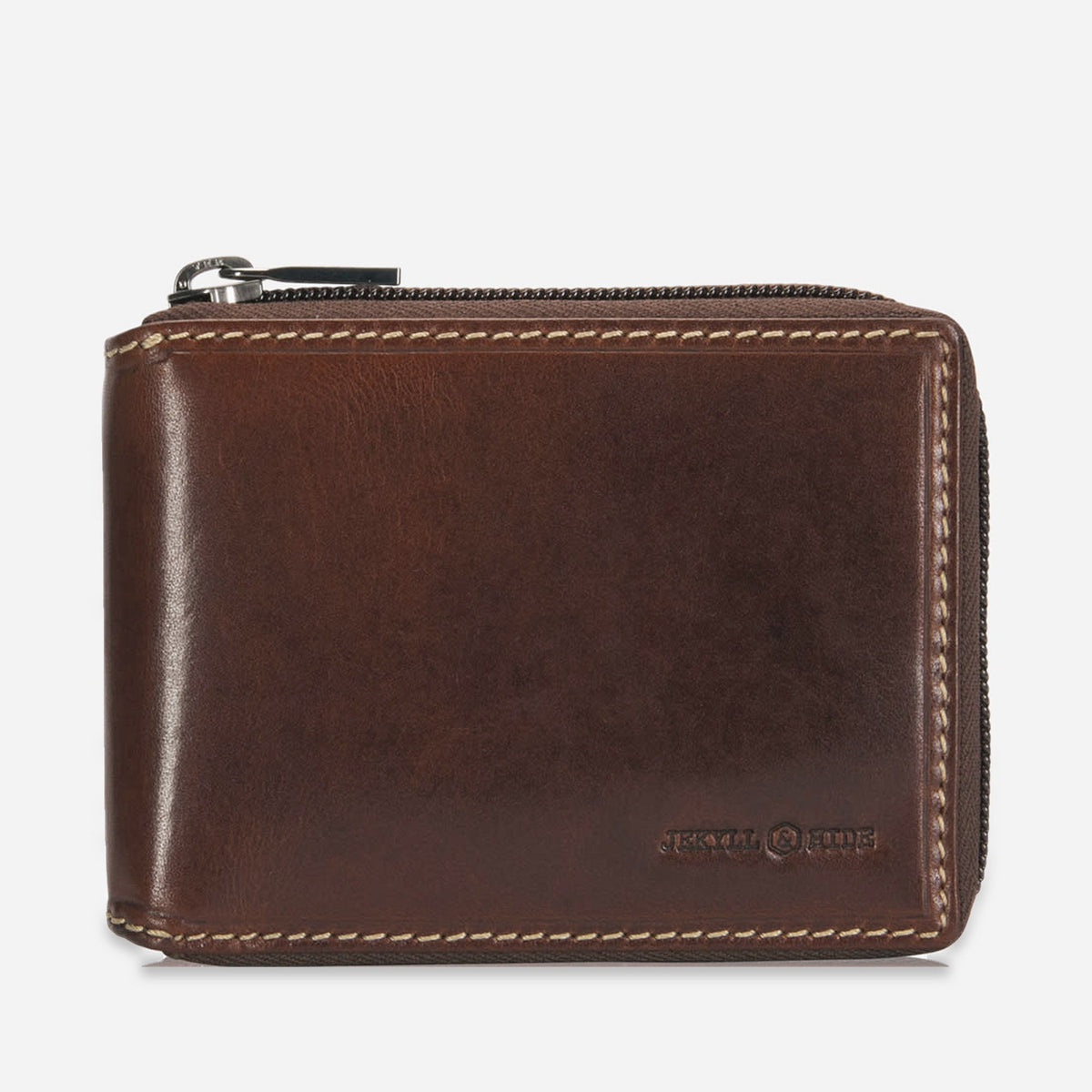 Jekyll & Hide Wallet With Coin in Mocha brown leather, a zip-around bifold with contrast stitching