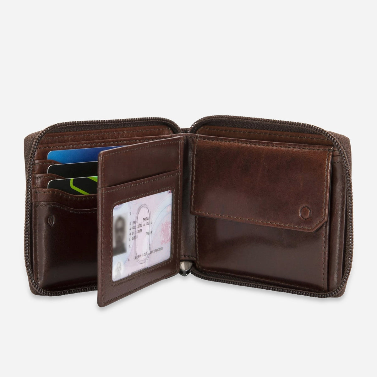 Mocha zip-around Wallet With Coin open, showing the flip-out ID window and coin pocket